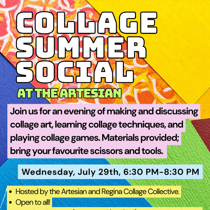 Brightly colored paper forms the background for a flyer announcing a "Collage Summer Social" at The Artesian, detailing the event's activities, date, and time.