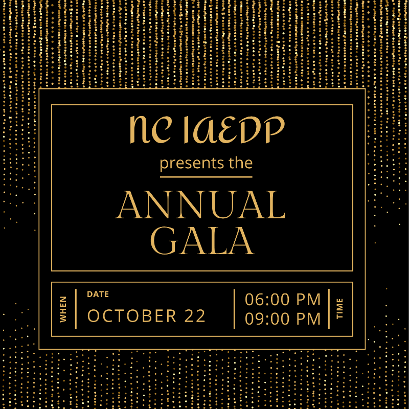 A black and gold invitation for an annual gala is set against a shimmering gold and black background, with event details for date and time displayed in the foreground.