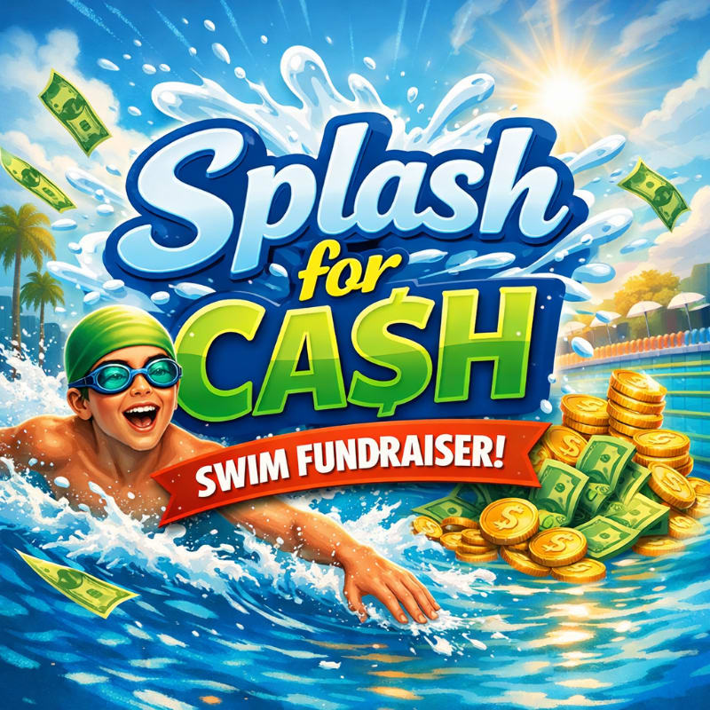 A boy in swimming gear splashes through water in the foreground, with a pile of money and coins to his right, while a sunny sky and palm trees form the background.