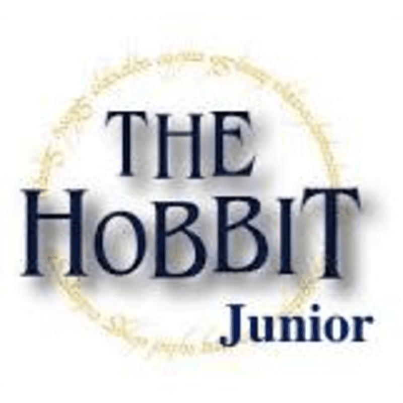 Dark blue text reading "THE HOBBIT Junior" is centered on a white background, encircled by faint golden Elvish script.