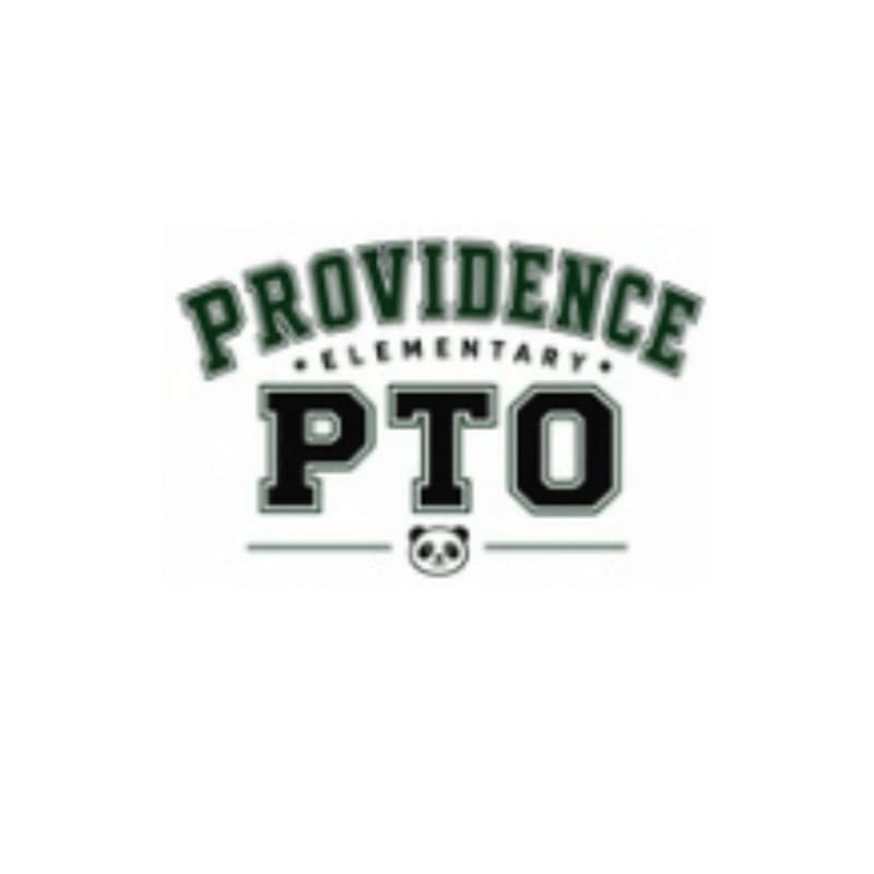 A white background frames the Providence Elementary PTO logo, featuring the words "PROVIDENCE ELEMENTARY" in a green arch above "PTO" in large black letters, with a small panda icon centered below.