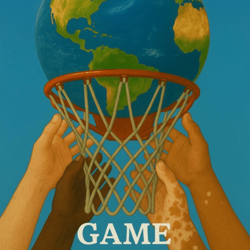 Multiple hands of varying skin tones reach for a basketball hoop holding the Earth, set against a clear blue background with the word "GAME" at the bottom.