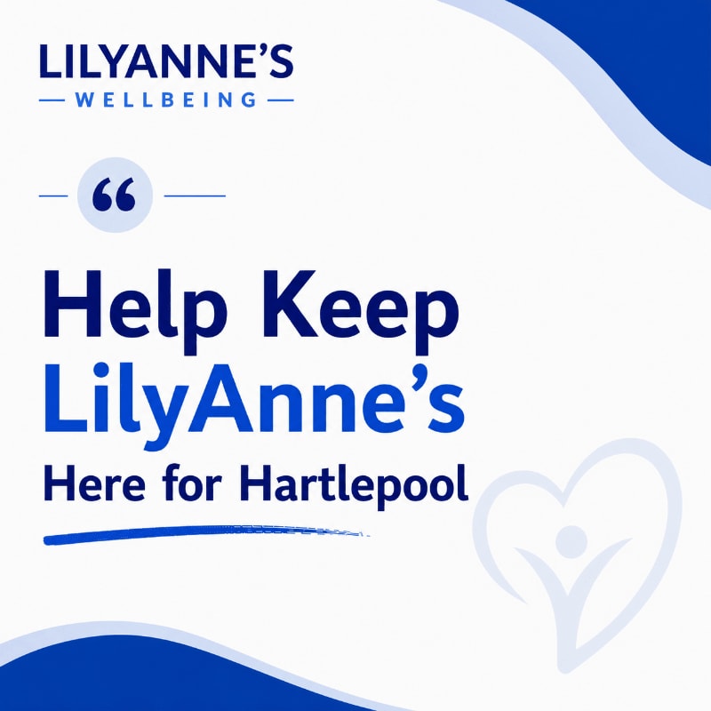 A white background with blue text and wavy borders features a large quote about LilyAnne's wellbeing in the foreground, and a faint heart outline with a person inside in the background.