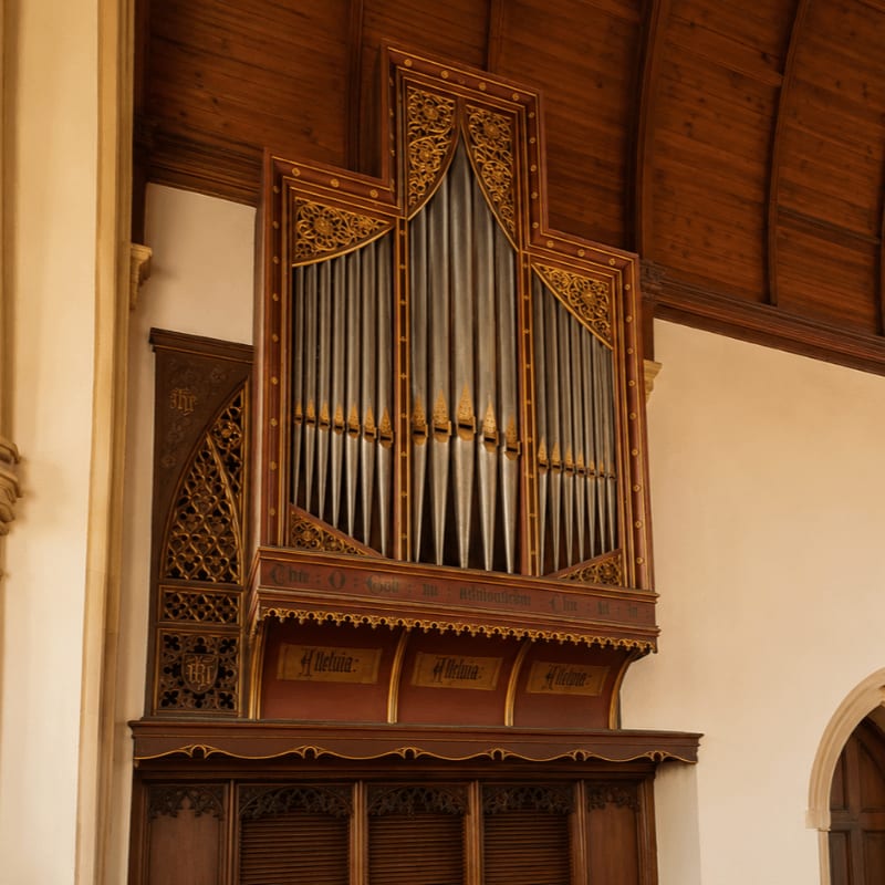 An ornate pipe organ with detailed carvings stands against a white wall, beneath a wooden vaulted ceiling.