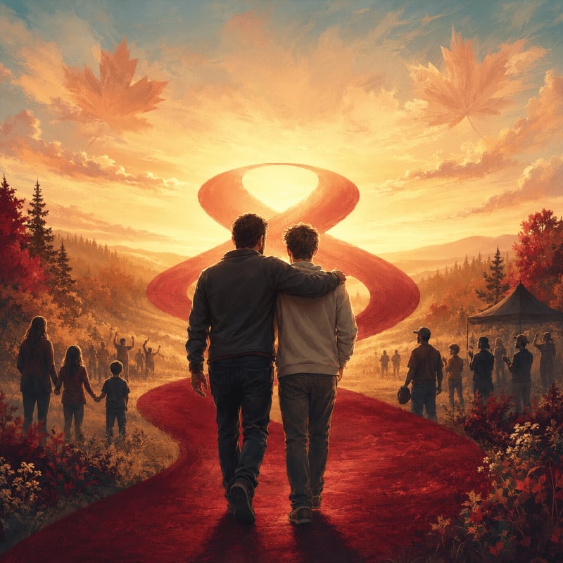 Two men walk arm-in-arm down a red carpet towards a giant red infinity symbol against a sunset sky with maple leaves, while a crowd gathers on either side of the path.