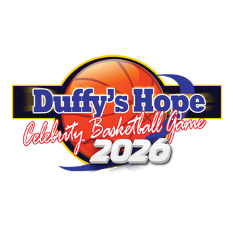 A basketball with "Duffy's Hope Celebrity Basketball Game 2026" written across it is set against a white background with blue ribbons.