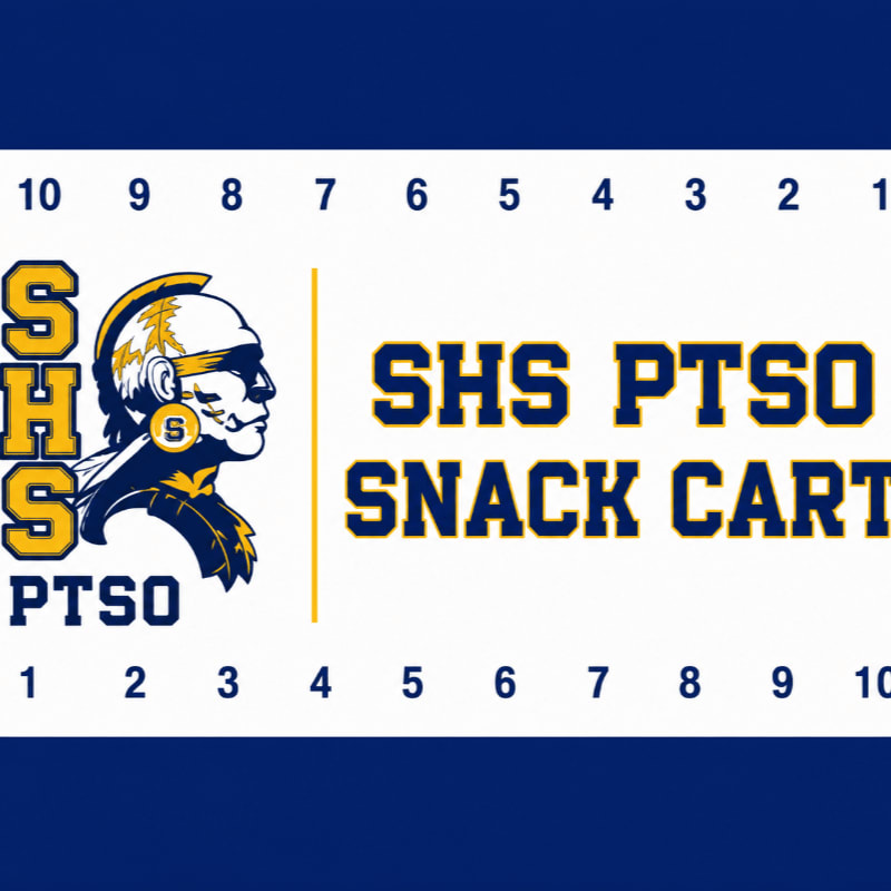 A blue and yellow banner features a Native American profile and the text "SHS PTSO SNACK CART" with numbered scales above and below.