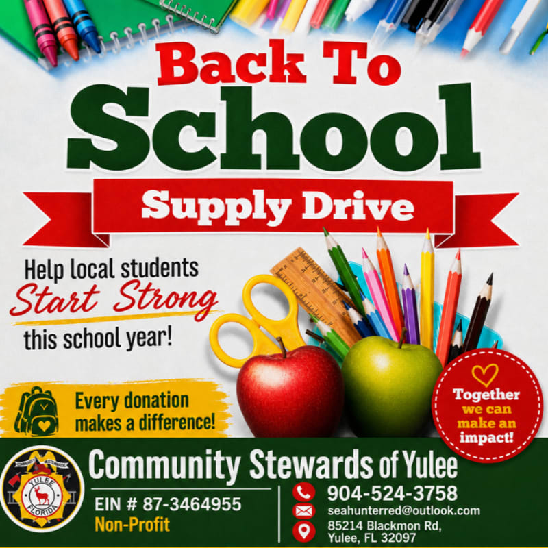 A "Back To School Supply Drive" is advertised with school supplies like apples, scissors, pencils, and rulers in the foreground, and a colorful assortment of crayons and pencils in the background.