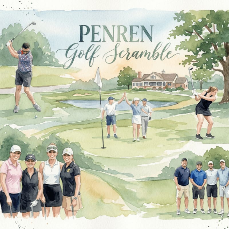 A watercolor illustration of a golf course with golfers in the foreground and a large house in the background, all under the title "PENREN Golf Scramble."