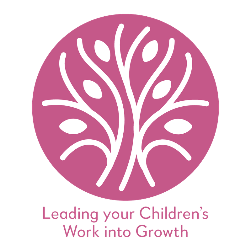 A stylized white tree with oval leaves grows within a pink circle, with the text "Leading your Children's Work into Growth" below it on a white background.