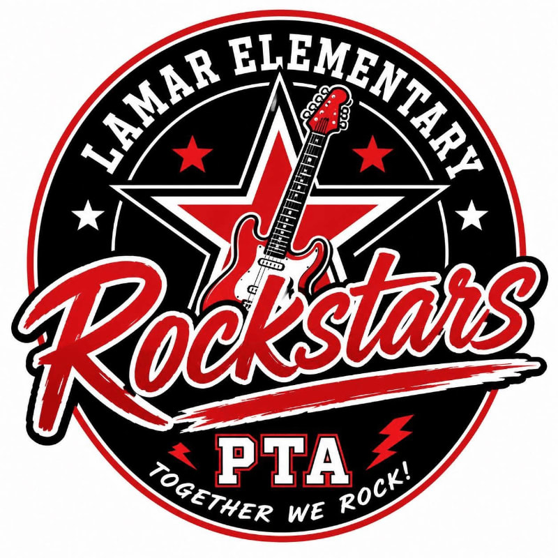 A red electric guitar is superimposed on a white star with red outlines, set against a black circular background with "LAMAR ELEMENTARY Rockstars PTA TOGETHER WE ROCK!" written in white and red text, all within a black and red circular border.