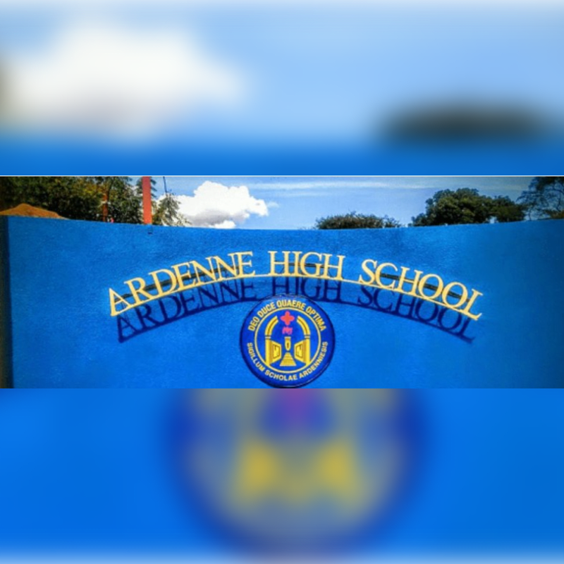 A blue wall with the Ardenne High School logo and name is in the foreground, with trees and a cloudy sky in the background.