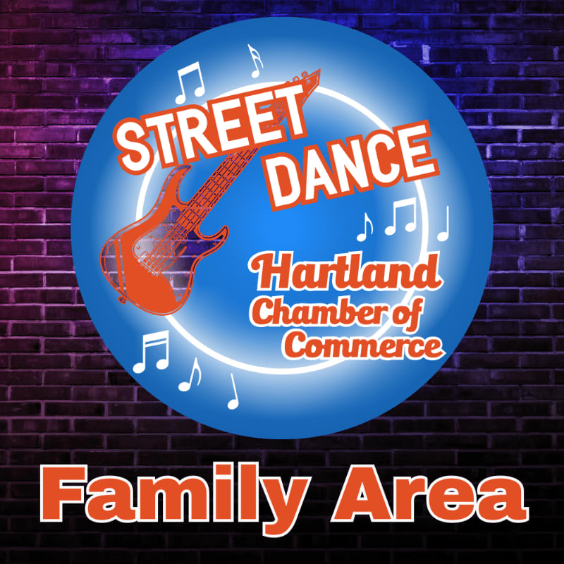 A blue circular logo with a guitar and musical notes for "Street Dance" and "Hartland Chamber of Commerce" is superimposed on a brick wall background, with "Family Area" text in the foreground.
