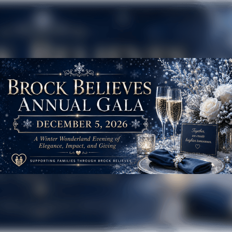 Two champagne flutes and a candle sit on a table in the foreground, while the background displays text announcing the "Brock Believes Annual Gala" on December 5, 2026, set against a snowy, winter wonderland theme.