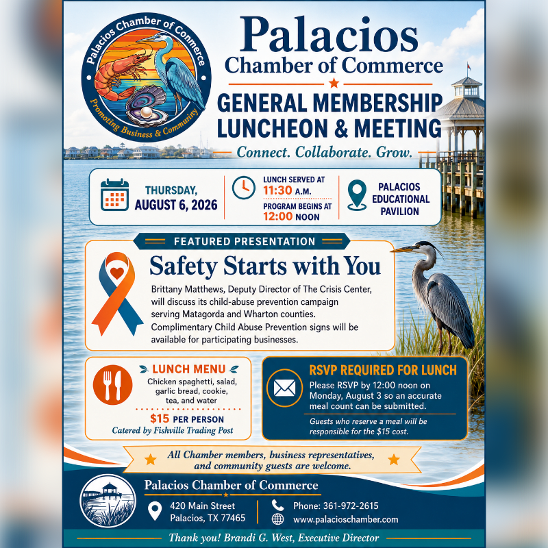 A flyer for a Palacios Chamber of Commerce luncheon and meeting is displayed with a coastal background featuring a heron and a gazebo.