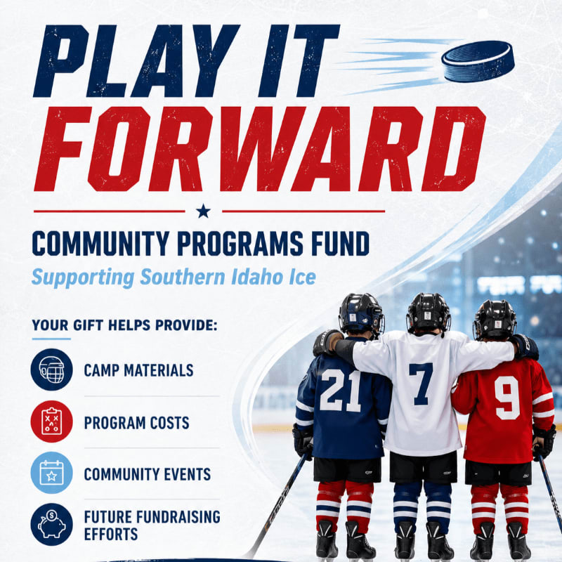 Three young hockey players in uniform stand with their arms around each other in the foreground, while the background features a blurred ice rink and the text "PLAY IT FORWARD COMMUNITY PROGRAMS FUND".