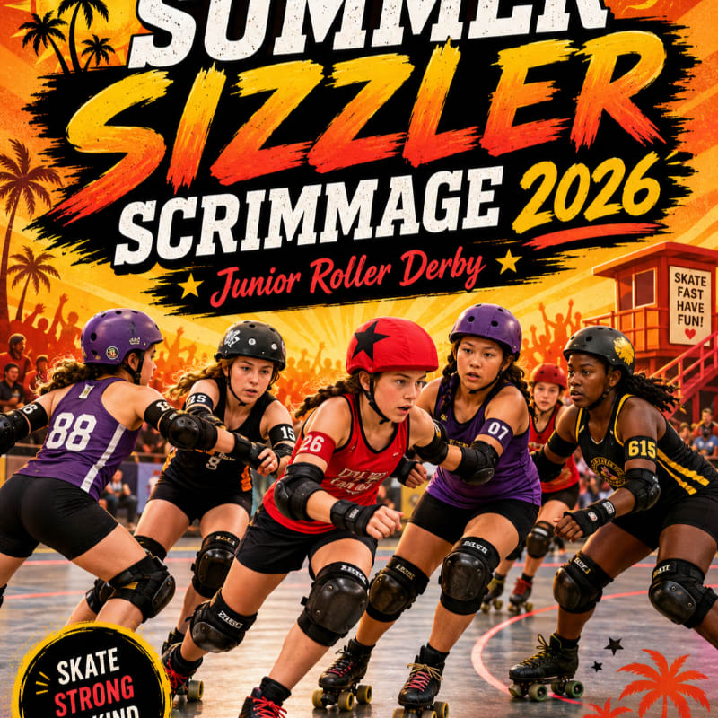 Five young women in colorful roller derby gear skate intensely on a track with a cheering crowd and palm trees in the background, under a vibrant "Summer Sizzler 2026 Junior Roller Derby" banner.