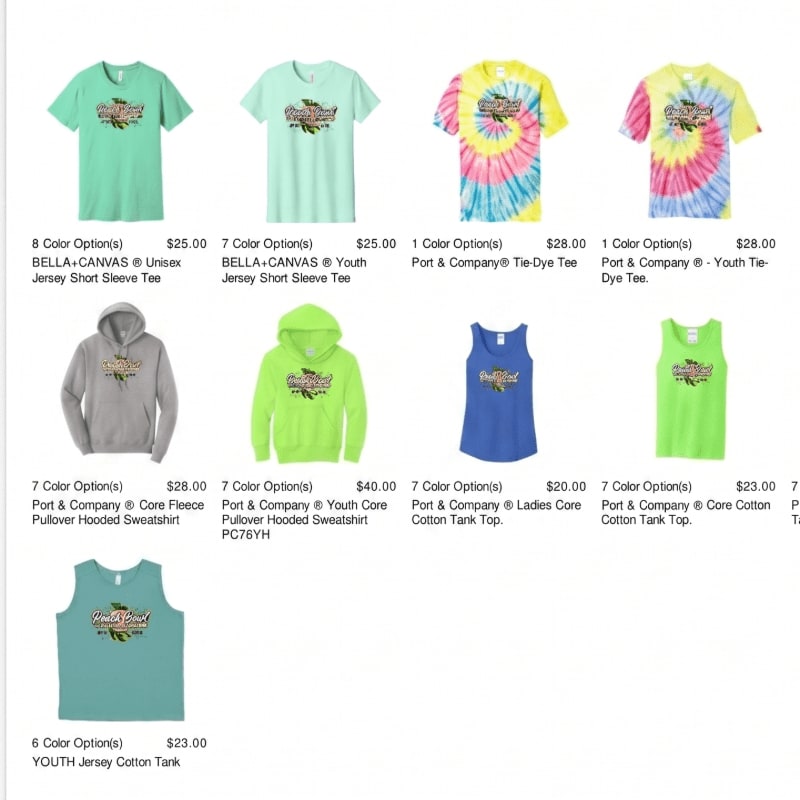 A grid of t-shirts, hoodies, and tank tops with various designs and colors are displayed against a white background.