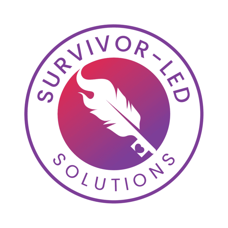 A white feather with a small heart at its base is superimposed on a purple and pink gradient circle, all enclosed by a purple circular border with the words "SURVIVOR-LED SOLUTIONS" written around it.