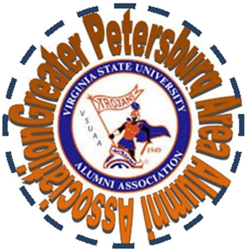 A circular logo with a stylized Trojan warrior holding a flag in the center is surrounded by the words "Greater Petersburg Area Alumni Association" in an arc.