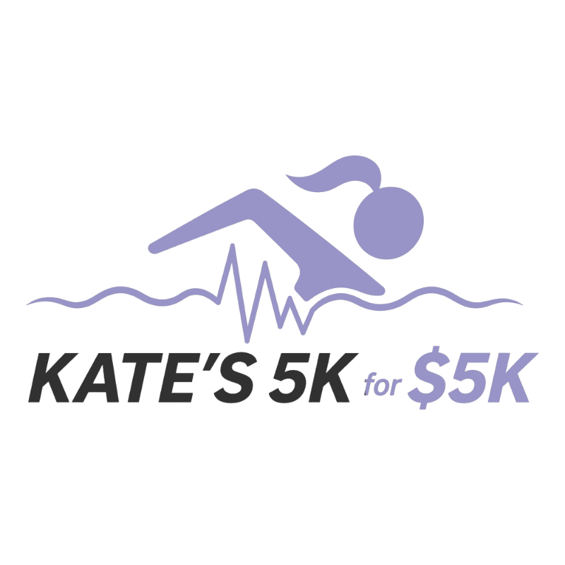 A purple swimmer is depicted above a wavy line with a heartbeat graphic, with the text "KATE'S 5K for $5K" below.