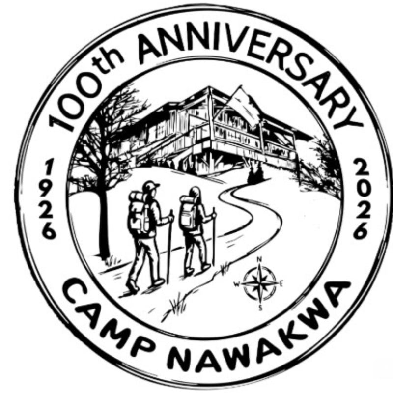 Two hikers with backpacks ascend a winding path towards a rustic lodge nestled among trees, all within a circular emblem celebrating Camp Nawakwa's 100th anniversary from 1926 to 2026.
