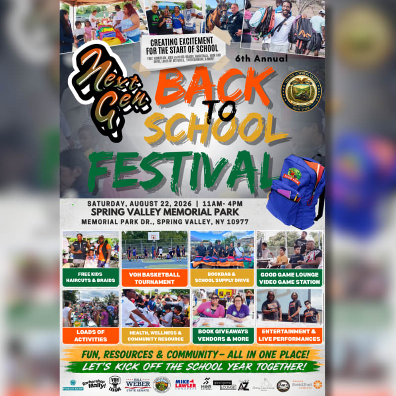 A vibrant "Back to School Festival" poster features a blue backpack in the foreground and a collage of event photos in the background.