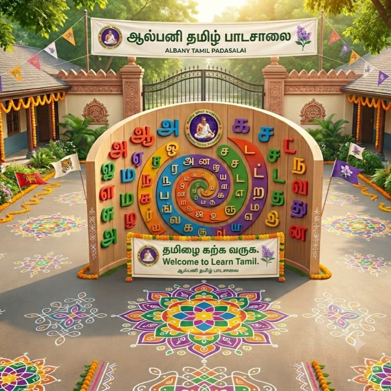 Colorful Tamil letters spiral within a wooden archway decorated with flowers and welcome signs, set against a backdrop of a school entrance adorned with flags and intricate floor art.