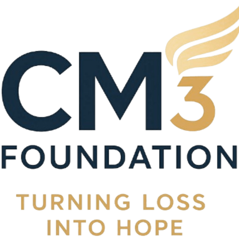 A dark blue and gold logo for "CM3 FOUNDATION" with wings above the "3" is set against a white background, with the tagline "TURNING LOSS INTO HOPE" in gold text below.