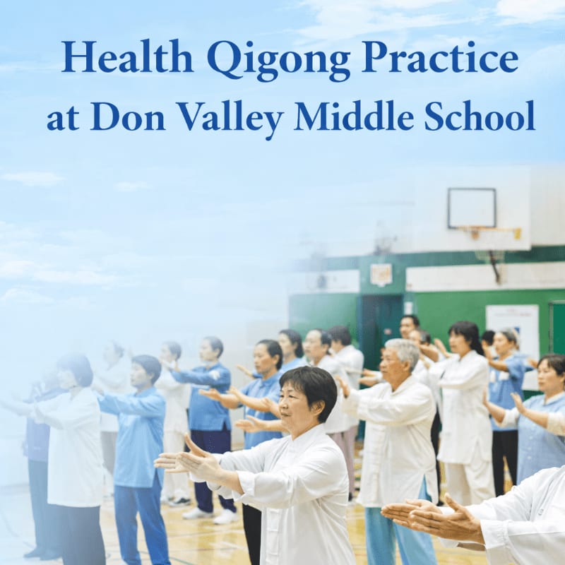 A group of people practice Qigong in a gymnasium with a basketball hoop visible in the background.
