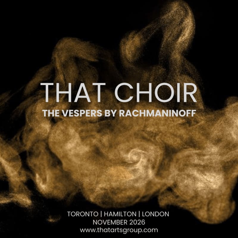 Golden smoke swirls in the foreground around the text "THAT CHOIR THE VESPER BY RACHMANINOFF" against a black background with event details at the bottom.