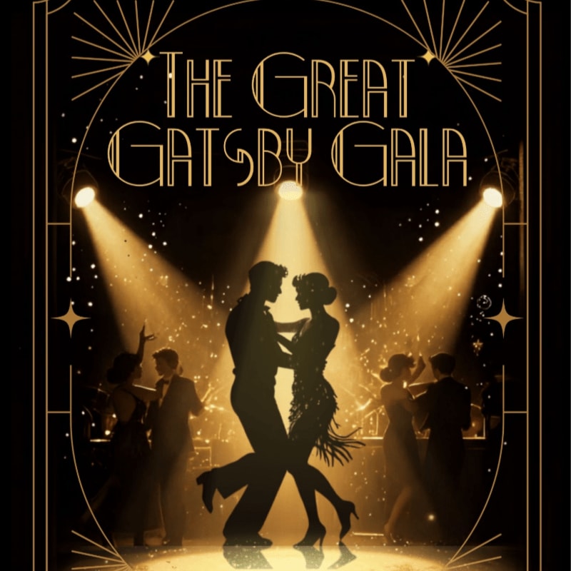 Silhouetted dancers in the foreground are illuminated by spotlights against a backdrop of glittering stars and art deco lettering that reads "The Great Gatsby Gala."