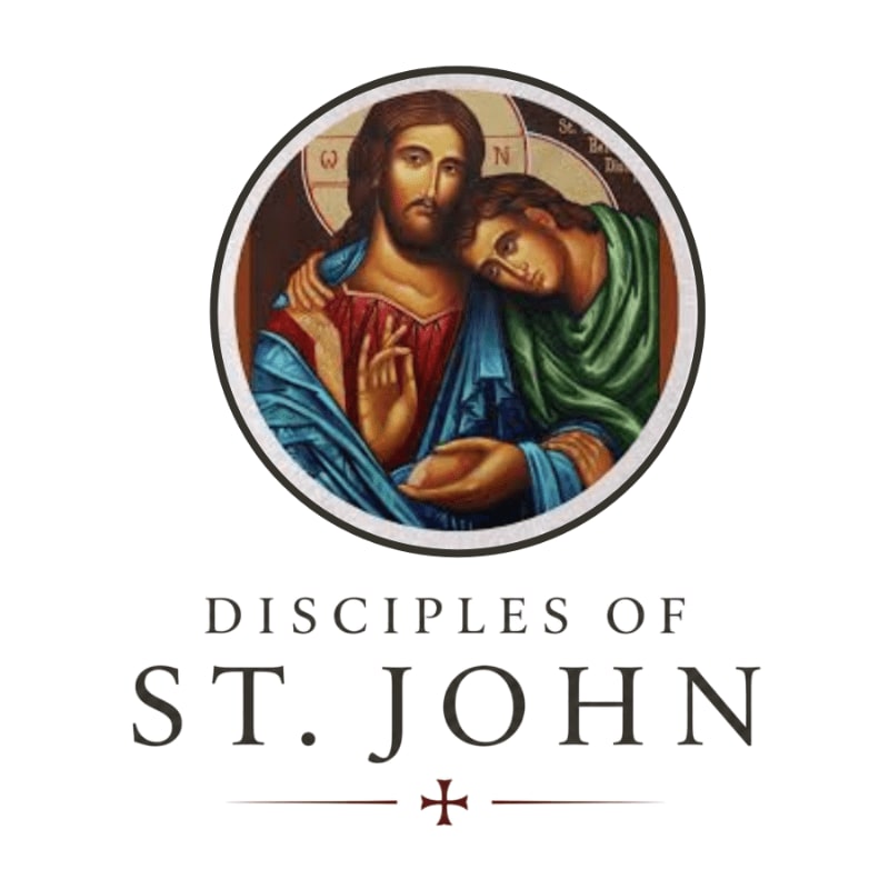 A circular icon of Jesus embracing a disciple is centered above the text "DISCIPLES OF ST. JOHN" with a small cross below.
