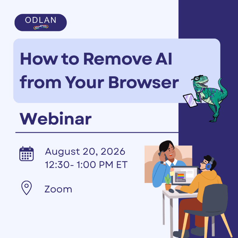 A green dinosaur holding a phone stands near the title "How to Remove AI from Your Browser Webinar" in the background, while in the foreground, a person wearing headphones works at a computer with a rainbow flag on the screen.
