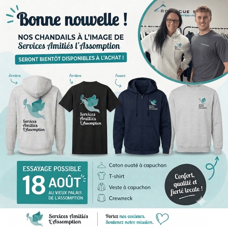 In the foreground, four different types of apparel featuring a dove logo are displayed, while the background shows two smiling individuals wearing hoodies with the same logo.