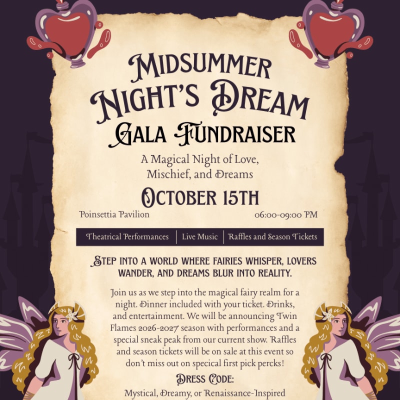 Fairies with translucent wings frame the bottom of a parchment-style invitation for a "Midsummer Night's Dream Gala Fundraiser" set against a dark, silhouetted background.