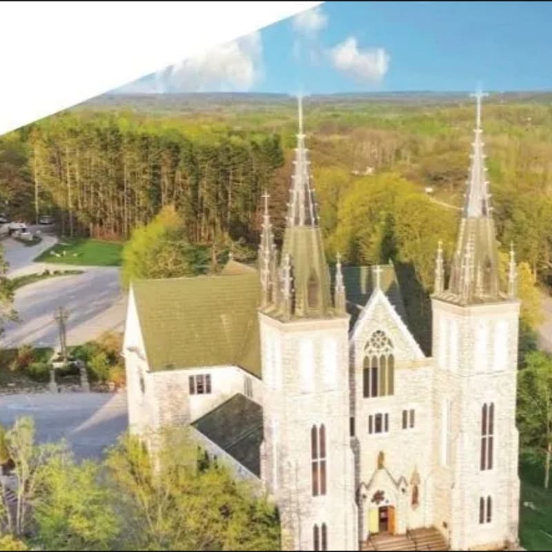A stone church with spires stands in the foreground, surrounded by lush green trees and a distant forest under a blue sky.