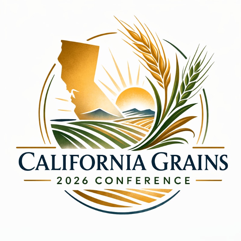Golden wheat stalks and a stylized sun rise over rolling fields in front of a California outline, all within a circular emblem above the text "CALIFORNIA GRAINS 2026 CONFERENCE."