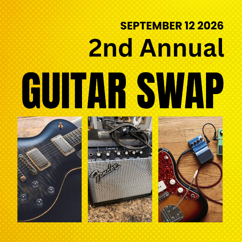 Three images of guitars and an amplifier are displayed on a bright yellow background with text announcing the "2nd Annual Guitar Swap" on September 12, 2026.