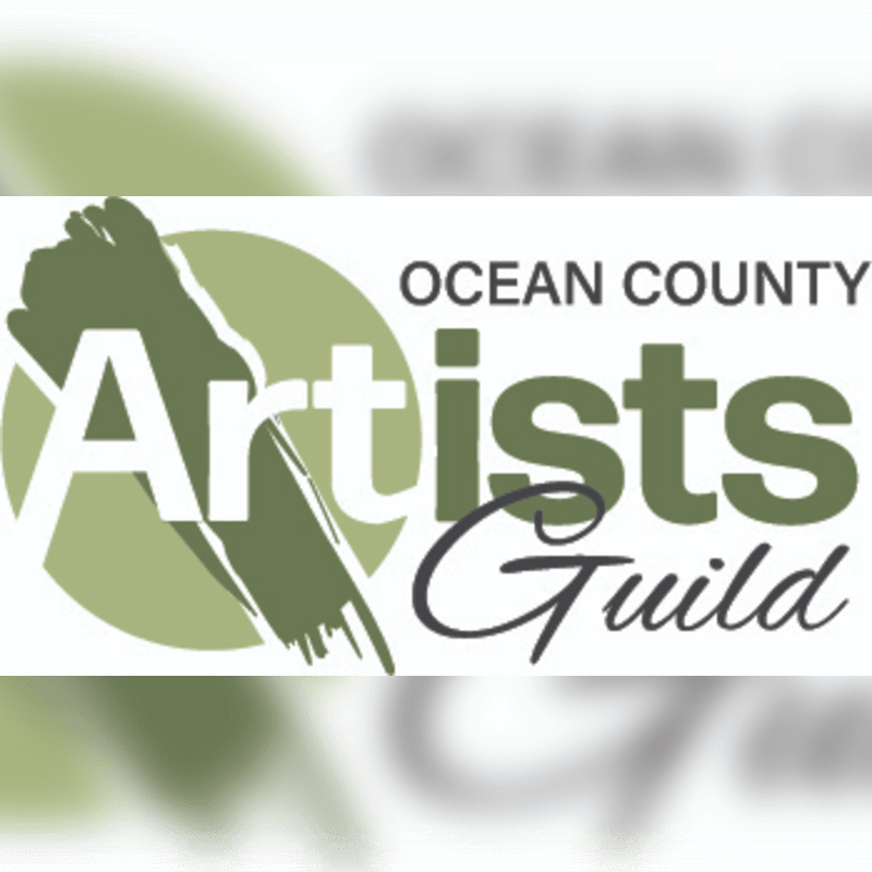 A green circular brushstroke overlays the word "Artists" in white, with "OCEAN COUNTY" above and "Guild" in cursive below, all set against a blurred background.