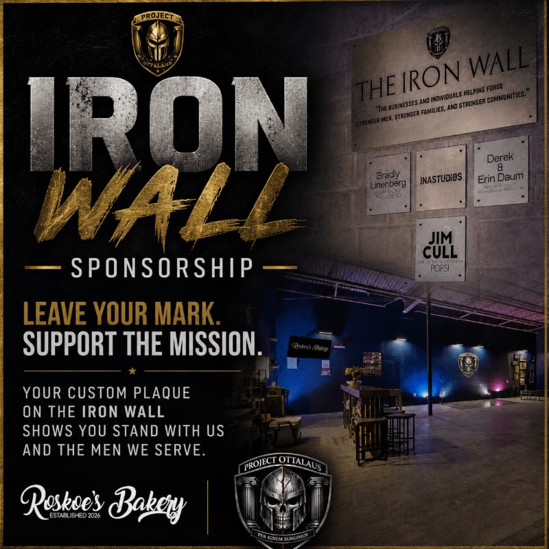 A dark, industrial-style gym interior with a prominent "Iron Wall" sponsorship plaque in the background and a "Roskoe's Bakery" advertisement in the foreground.