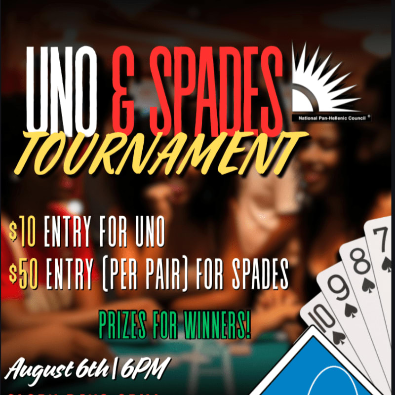 A tournament poster for Uno and Spades features card suits in the foreground and blurred people playing cards in the background.