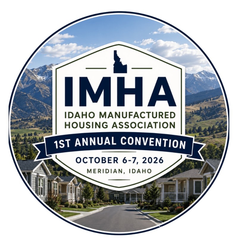 A circular logo features the "IMHA Idaho Manufactured Housing Association 1st Annual Convention" text and logo in the foreground, set against a background of manufactured homes and a scenic mountain landscape.