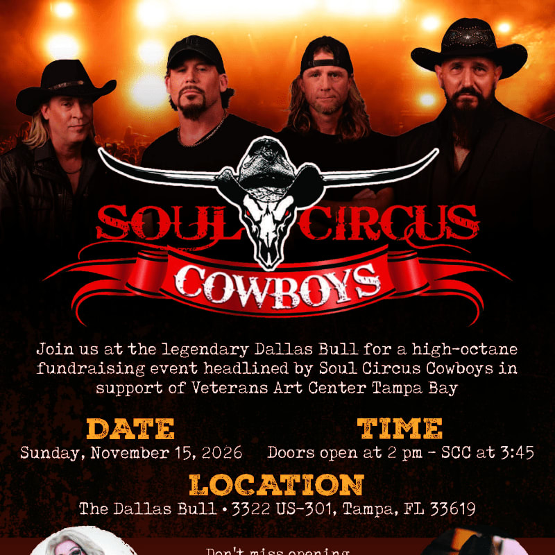 Four men in cowboy hats and casual attire are featured in the foreground with the "Soul Circus Cowboys" logo, while the background is a blurred orange and yellow light display.