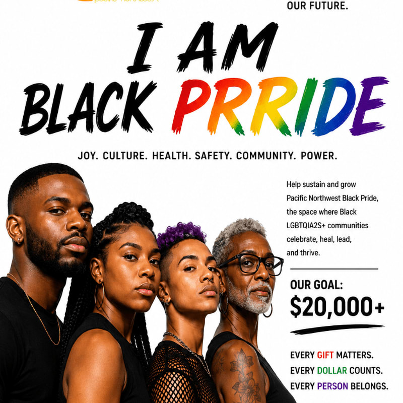Four Black individuals stand in the foreground against a white background with text promoting "I AM BLACK PRIDE" and a fundraising goal.