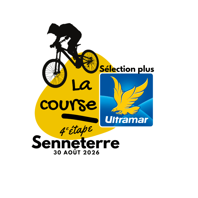 A silhouette of a mountain biker is in the foreground, with text and a logo in the background.