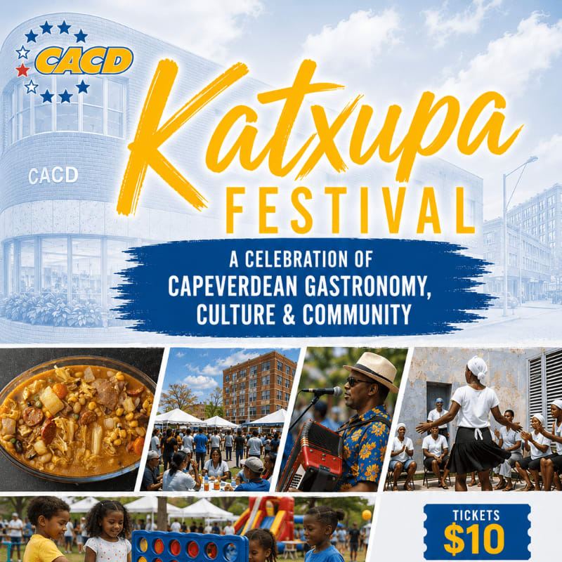 A vibrant festival poster features a large "Katxupa Festival" title over a blue banner detailing a celebration of Cape Verdean gastronomy, culture, and community, with a building labeled "CACD" in the background and a collage of food, people, and activities in the foreground.