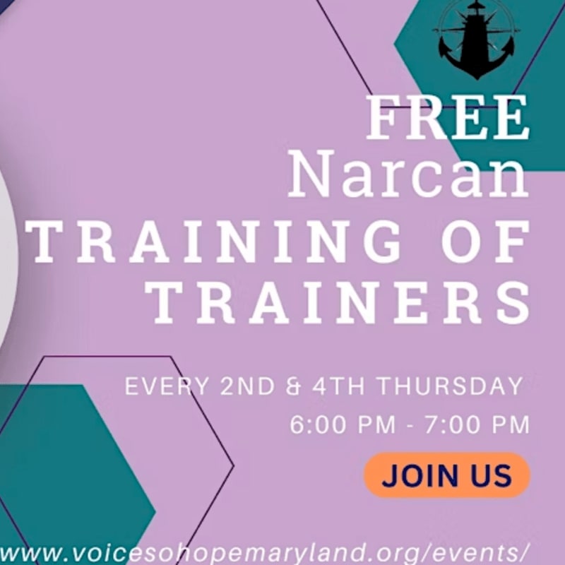 A purple background with white text announces a free Narcan training of trainers, with a website address at the bottom.