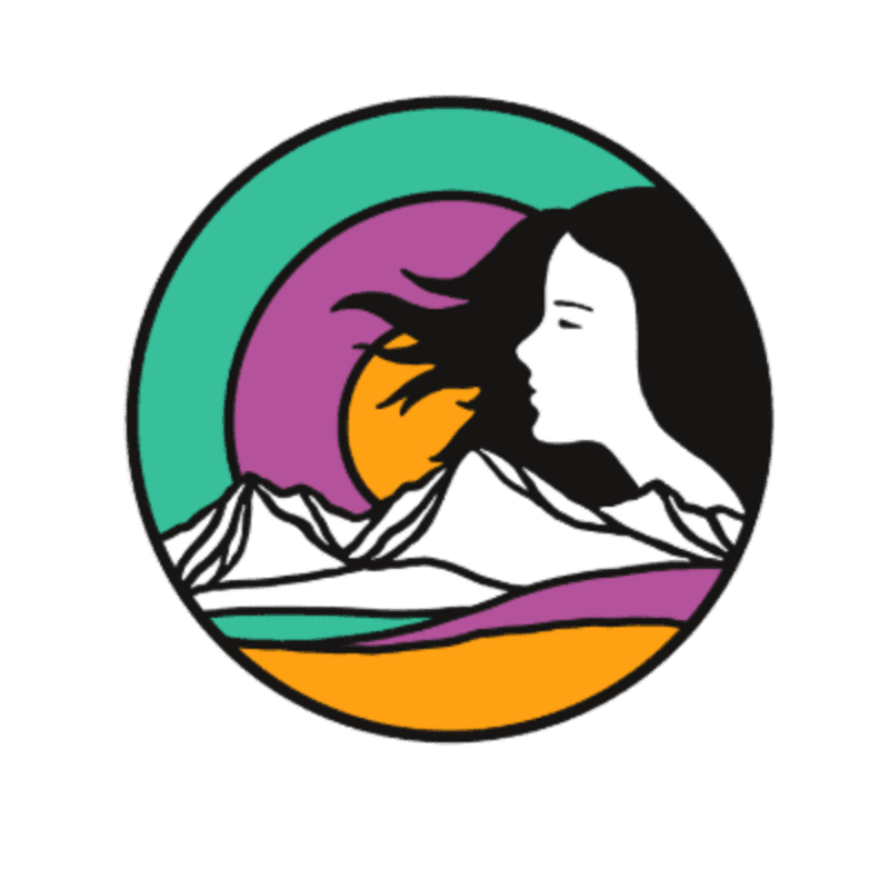 A stylized profile of a woman with flowing hair is set against a backdrop of colorful concentric circles, mountains, and a setting sun.
