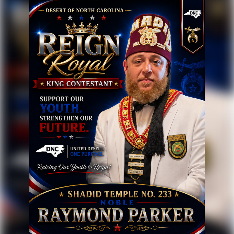 A man in a ceremonial outfit stands in the foreground against a background of text and graphics promoting a "Reign Royal King Contestant" event for the Desert of North Carolina.